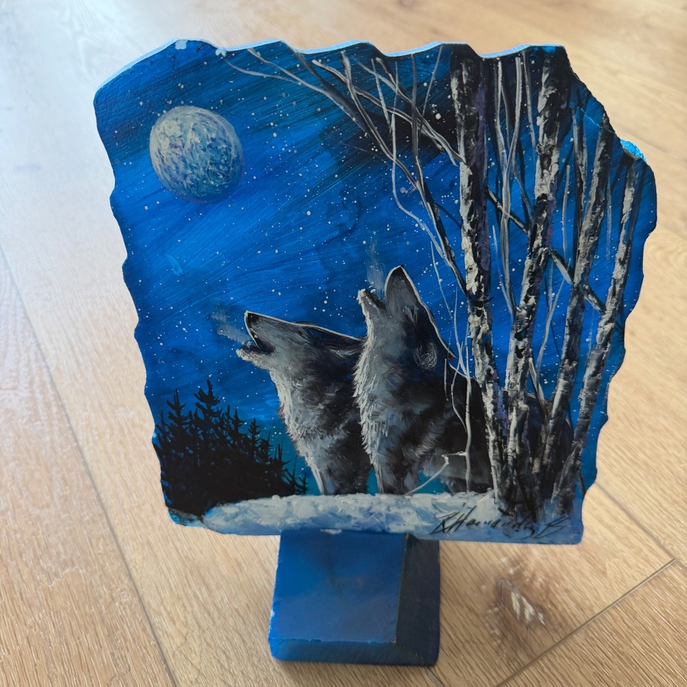 R. Hernandez Signed Hand Painted Stone Slab Art Howling Wolves Moon Night Scene